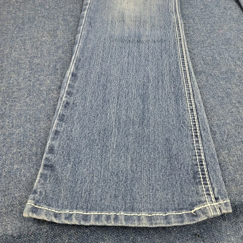 Mudd Womens Sz 15 Blue Rhinestone Cross Embroidered Flare Jeans Y2K Flap pockets